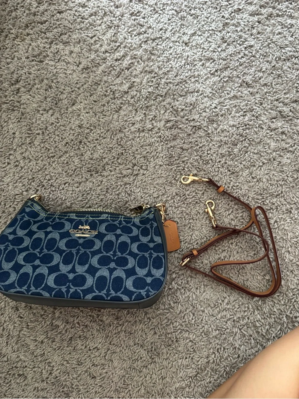 Coach Blue Signature Canvas Crossbody with Brown Leather Strap